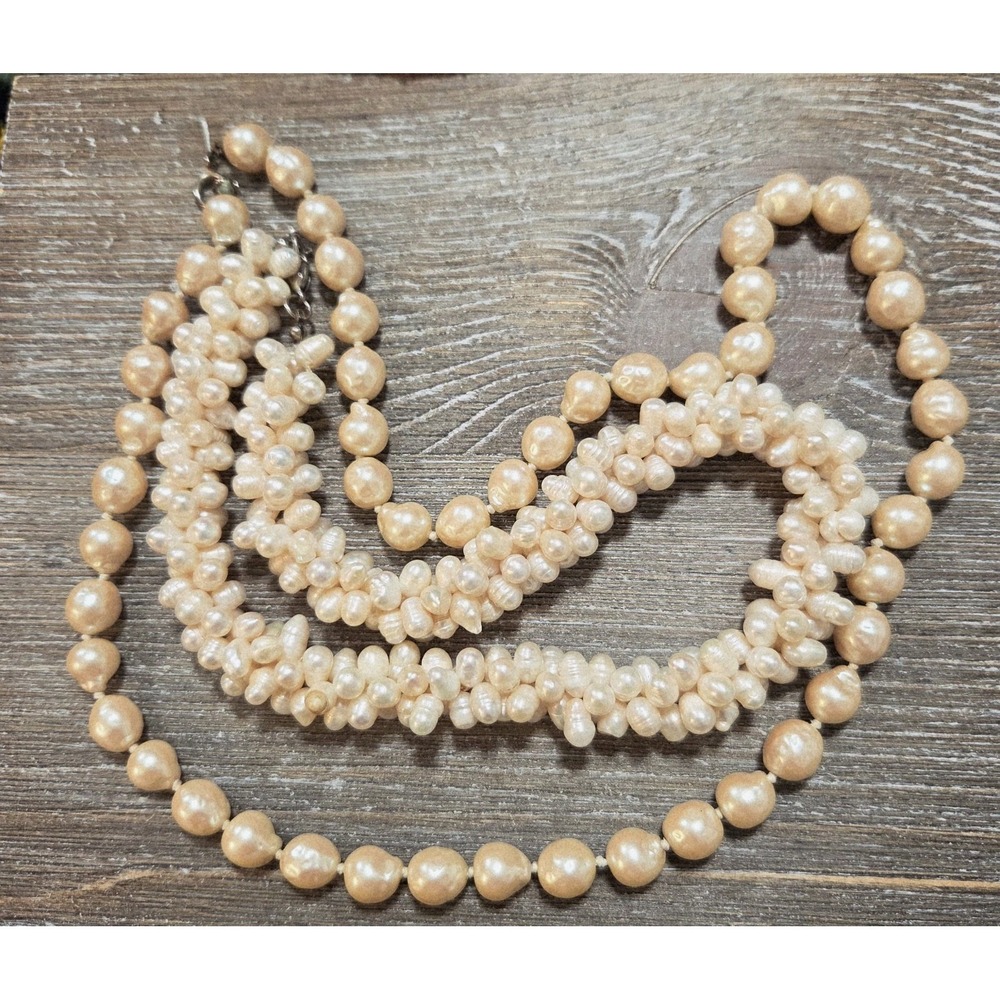 Vintage Pearl Necklace Layering Set 16" Cluster & 24" Single Strand Creamy White